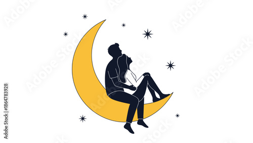 Couple sitting on a crescent moon together under starry night.