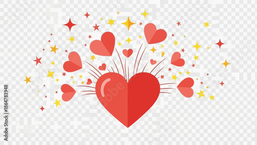 Red heart surrounded Page decoration with smaller hearts and stars.