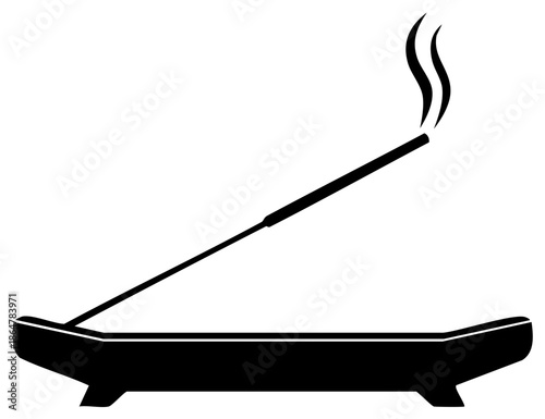 Incense stick burning in a holder, emitting smoke, black and white vector illustration for relaxation or spirituality themes.