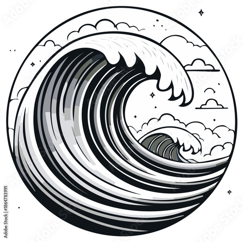 Stylized Wave Illustration Black and White Ocean Surface with Clouds