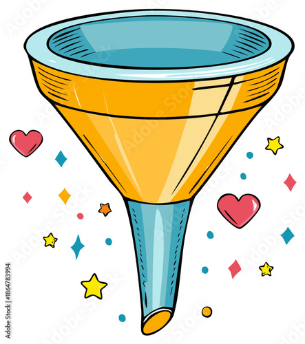 Funnel illustration surrounded by hearts, stars, and diamonds in bright yellow, blue and pink.