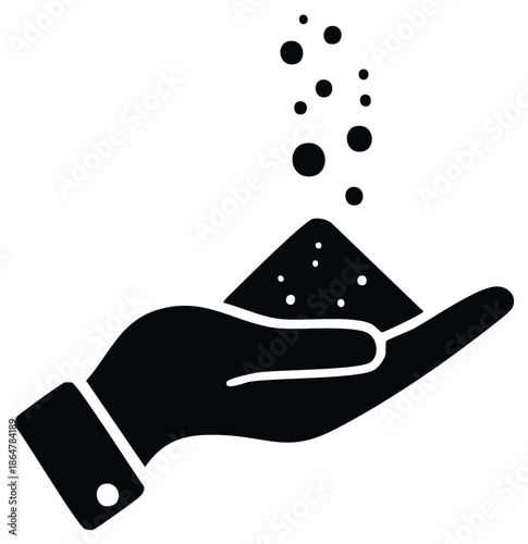 Hand holding pile of small particles with dust rising upwards in a stylized icon