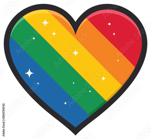 Sparkling rainbow striped heart icon. LGBTQ pride symbol for love and equality celebration vector illustration.