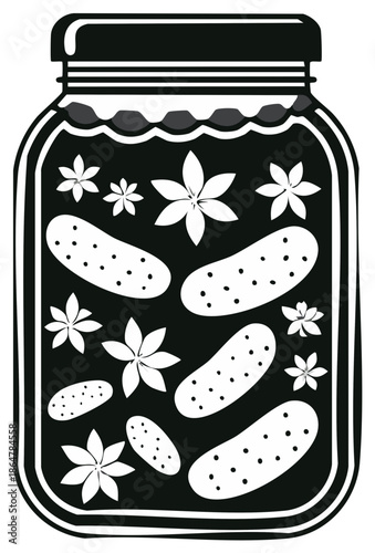 Monochrome Pickles and Flowers Preserved in Glass Jar Illustration, Black and White Food Pattern