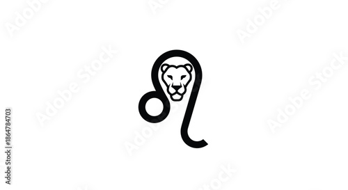 Bold black and white graphic representation of the leo zodiac sign featuring a stylized lion head within a circular loop.
