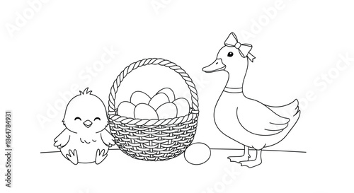 Cute easter themed coloring page for children featuring a baby chick, a duck with a bow, and a basket full of large eggs.