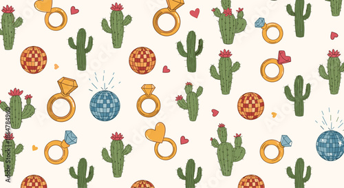 Fun and eclectic pattern featuring a mix of green cacti, sparkling disco balls, golden rings, and small pink heart icons.