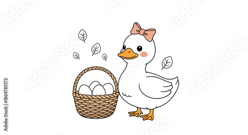 Sweet illustration of a white duck with a pink bow standing next to a wicker basket filled with white eggs in a farm setting.