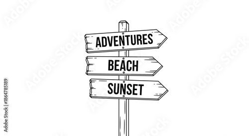 Rustic wooden signpost with three arrows pointing directions toward adventures, the beach, and a beautiful evening sunset.