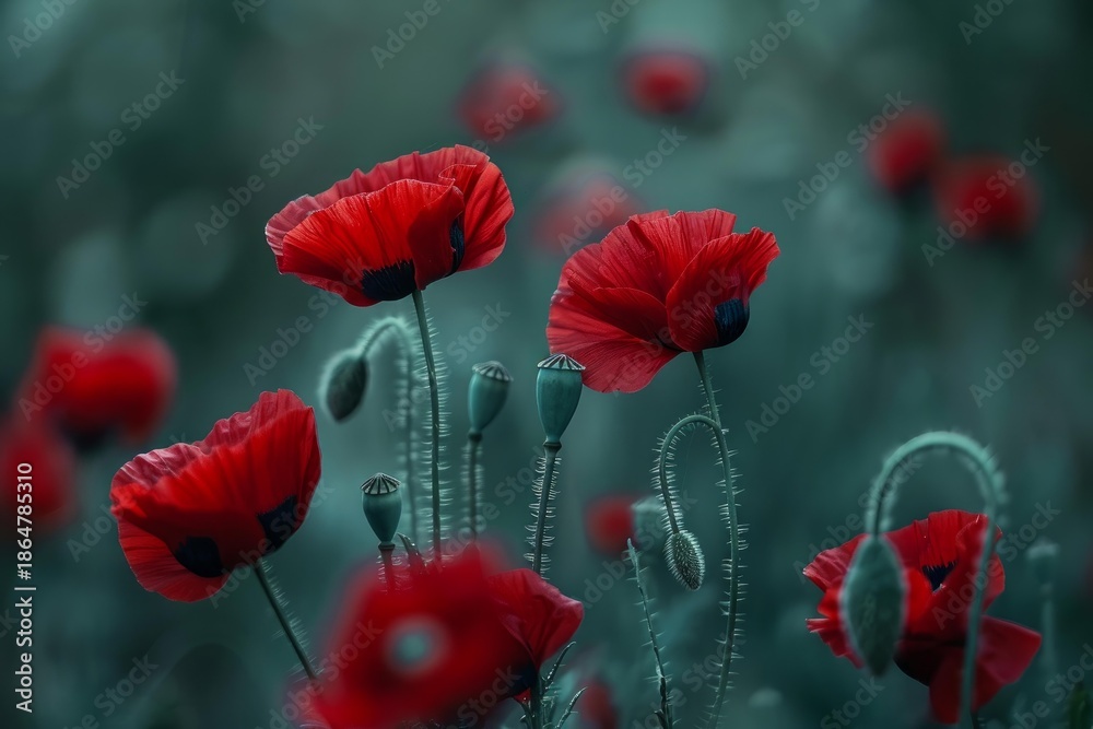 Obraz premium Beautiful red poppies blooming in a summer meadow, creating a stunning floral nature background