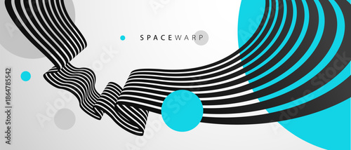 Vector abstract background with curve lines in 3D perspective and bright blue circles, road look like tape with stripes, dynamic speed and motion.