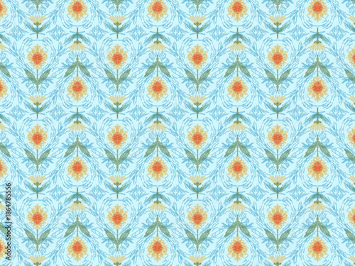 Seamless Hand Drawn Floral Geometric Pattern with Symmetrical Botanical Motifs