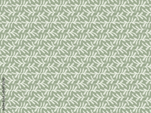 Seamless Green Botanical Geometric Pattern with Hand Drawn Leaves on Blue Background