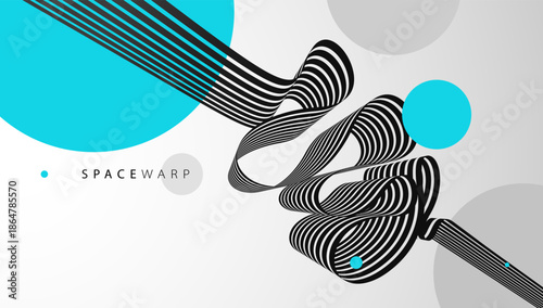 Vector abstract background with curve lines in 3D perspective and bright blue circles, road look like tape with stripes, dynamic speed and motion.