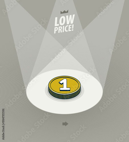 Low price concept poster, coin stack in a spotlight like on a stage vector icon style illustration, e-commerce sale, cheap prices shopping, buy by discount.