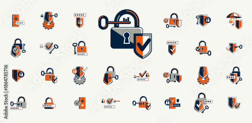 Safety and security vector detailed icons set, lock and password, virus risk cybersecurity, account privacy protection.
