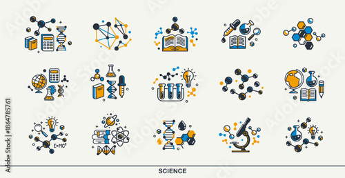 Science vector detailed icons set, physics and chemistry bundle, mathematics and geography study education.