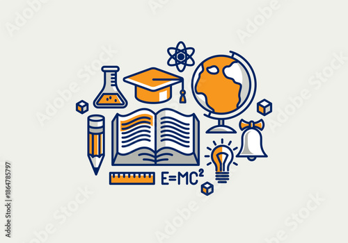 Education vector illustration, university and high school study science, physics and chemistry learning.