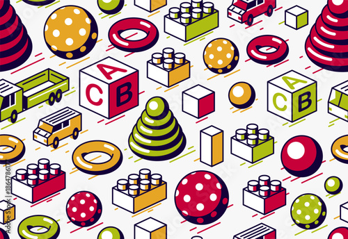 Toys seamless background, vector isometric retro toys endless wallpaper, tiling pattern with truck car and constructor bricks, elements easy to use separately.