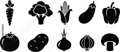 Healthy Vegetables Icons Set, Organic Food Silhouettes Collection with vector illustration