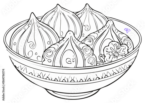 Ornate bowl of traditional Georgian khinkali dumplings coloring page illustration