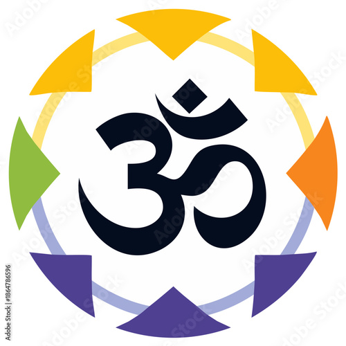 Sacred Om symbol of Hinduism in a colorful circular geometric frame graphic