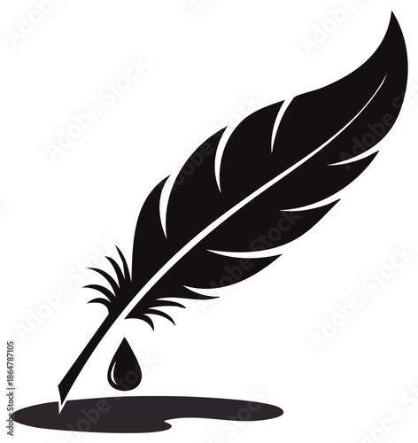 Classic black quill pen with ink drop and blot representing old-fashioned storytelling and creativity