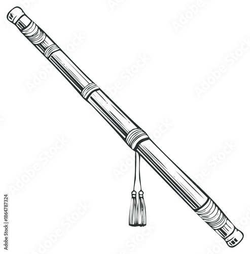 Elegant walking stick or cane illustration with tassel detail line art design