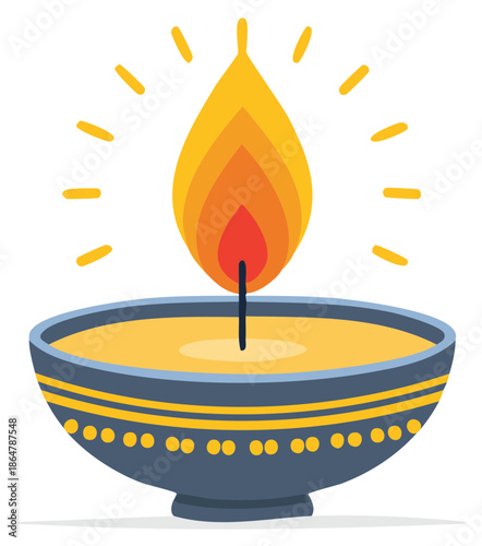 Decorative Tealight Illustration Glowing Brightly in Dark Blue and Yellow Holder