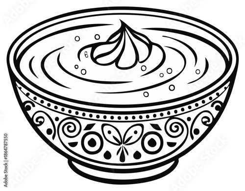Ornate Bowl Filled With Swirled Creamy Food Topping and Bubbles in Black and White Outline Style