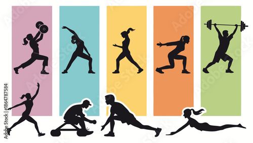 People engaging in various fitness exercises and activities