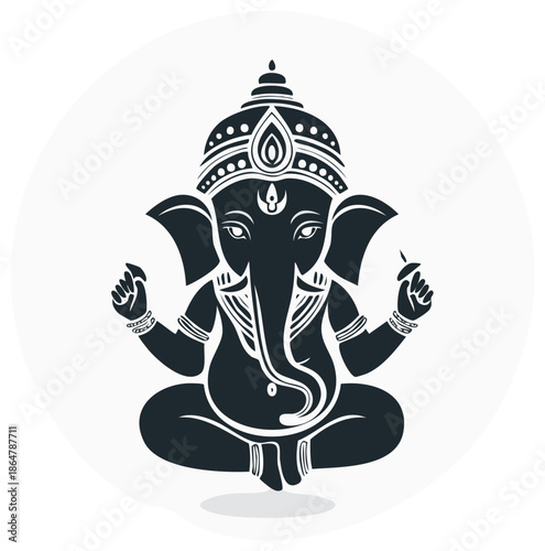 Hindu god Ganesha elephant head silhouette meditating, spiritual icon illustration