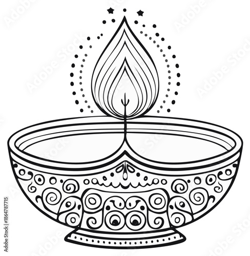 Decorative Diwali Oil Lamp Line Art Illustration With Ornate Design
