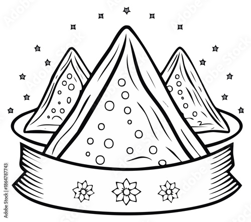 Three Triangle Shaped Samosas with Stars and Flowers on a Banner in Outline Style