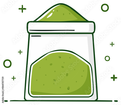 Open Bag of Green Matcha Tea Powder Vector Illustration for Healthy Drinks and Superfoods