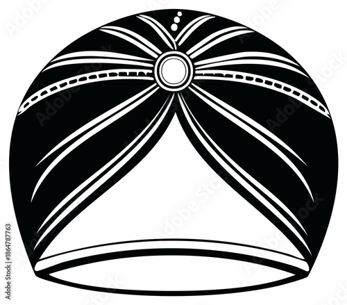 Vector Illustration of Decorative Turban with Banded and Circular Ornaments in Black and White