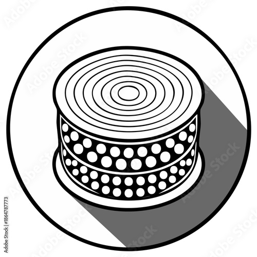 Concentric circles and polka dot pattern on a spool in a circle with shadow, black and white illustration
