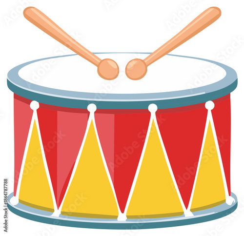 Bright red cartoon drum with wooden drumsticks musical instrument for kids and music education