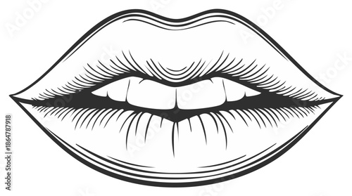 Vintage engraving style illustration of sensual female lips with a beautiful smile showing teeth