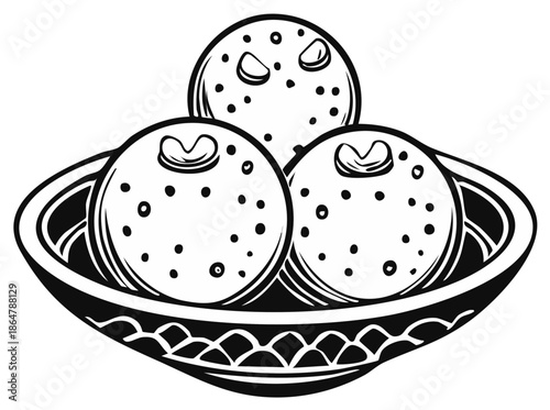 Traditional Indian Ladoo sweet balls with cashew garnish in a decorative bowl line art