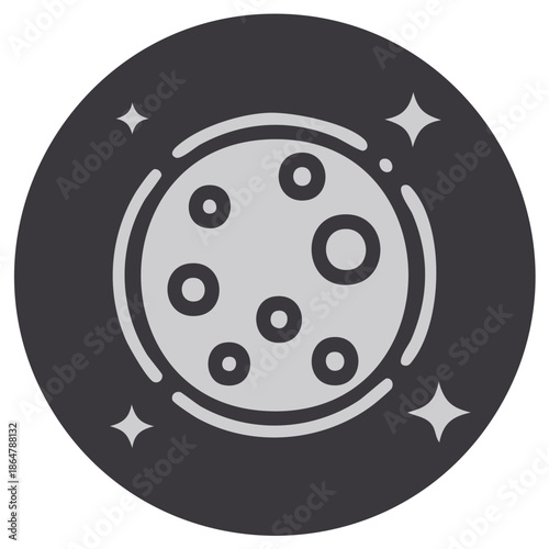 Simple flat icon illustration of the moon surrounded by stars and an orbital ring
