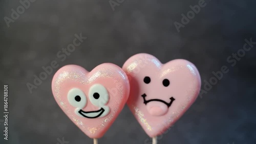 Two Heart Shaped Lollipops With Funny Faces On Sticks.