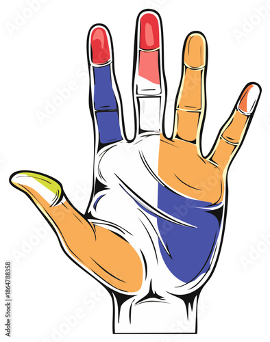 Open Hand With National Colors Flag Pattern In Blue White Red And Orange Tones