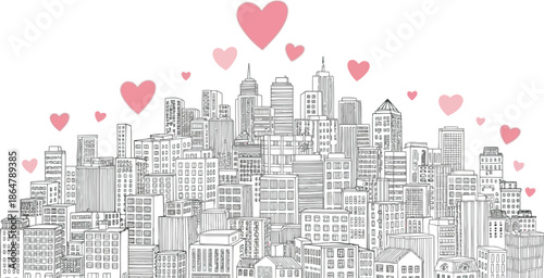 Romantic cityscape with pink hearts floating above skyline