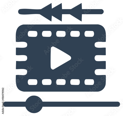 Video editing and media player icon with film strip play button and timeline scrubbing controls