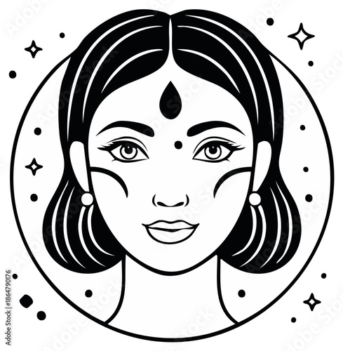 Indian Woman Portrait Black and White Outline Illustration with Bindi and Stars