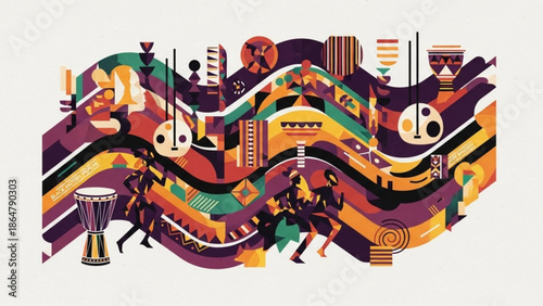 Vibrant abstract illustration of musical instruments and people dancing, colorful wavy lines and shapes in purple, orange, green, and yellow hues, lively rhythmic scene