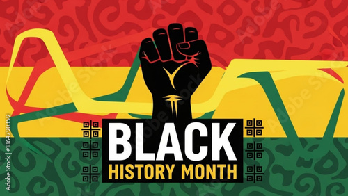 Vibrant black history month graphic with raised fist and colorful african inspired background with Empowerment and Equality and Freedom and Pride