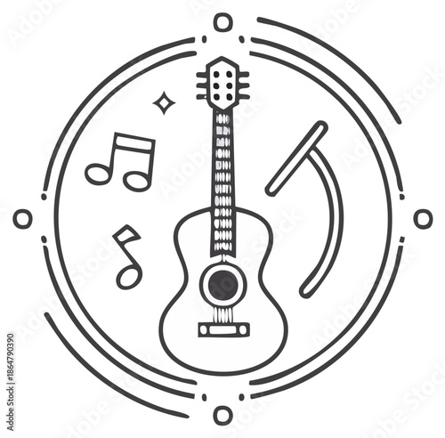 Acoustic Guitar with Musical Notes and Microphone Line Art Icon in a Decorative Circle