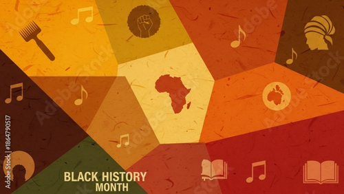 Vibrant geometric illustration celebrating black history month with african continent, music notes, books, and cultural icons in warm orange, red, and brown hues
